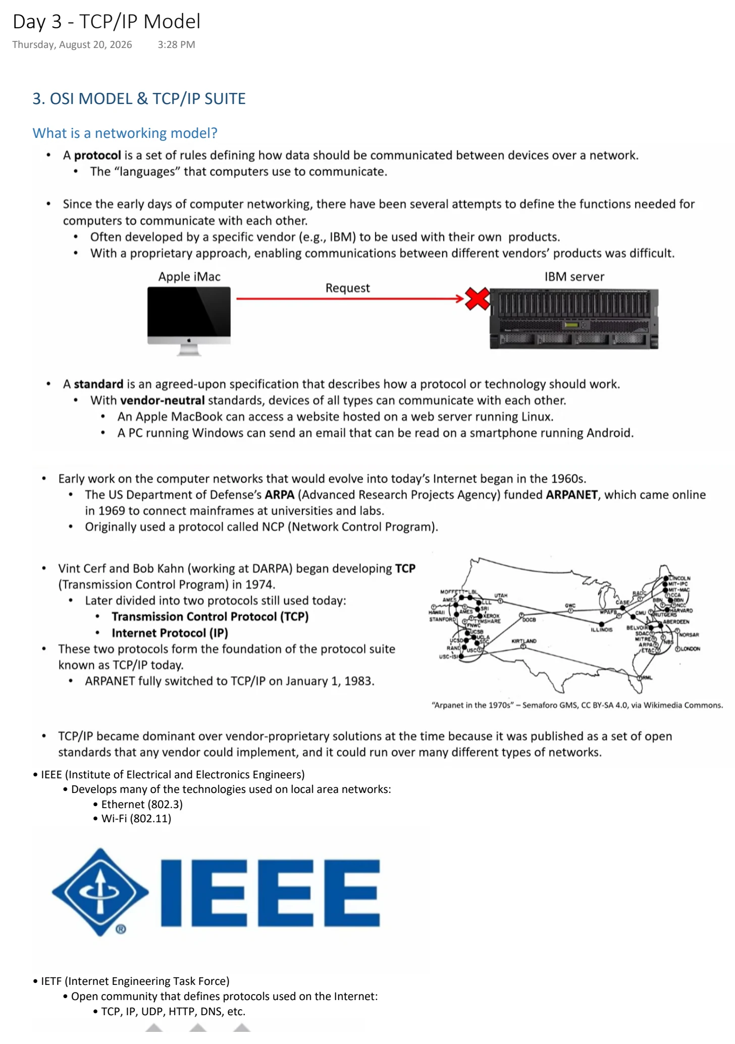 Original OneNote notes: TCP/IP Model, page 1. Text version follows below.