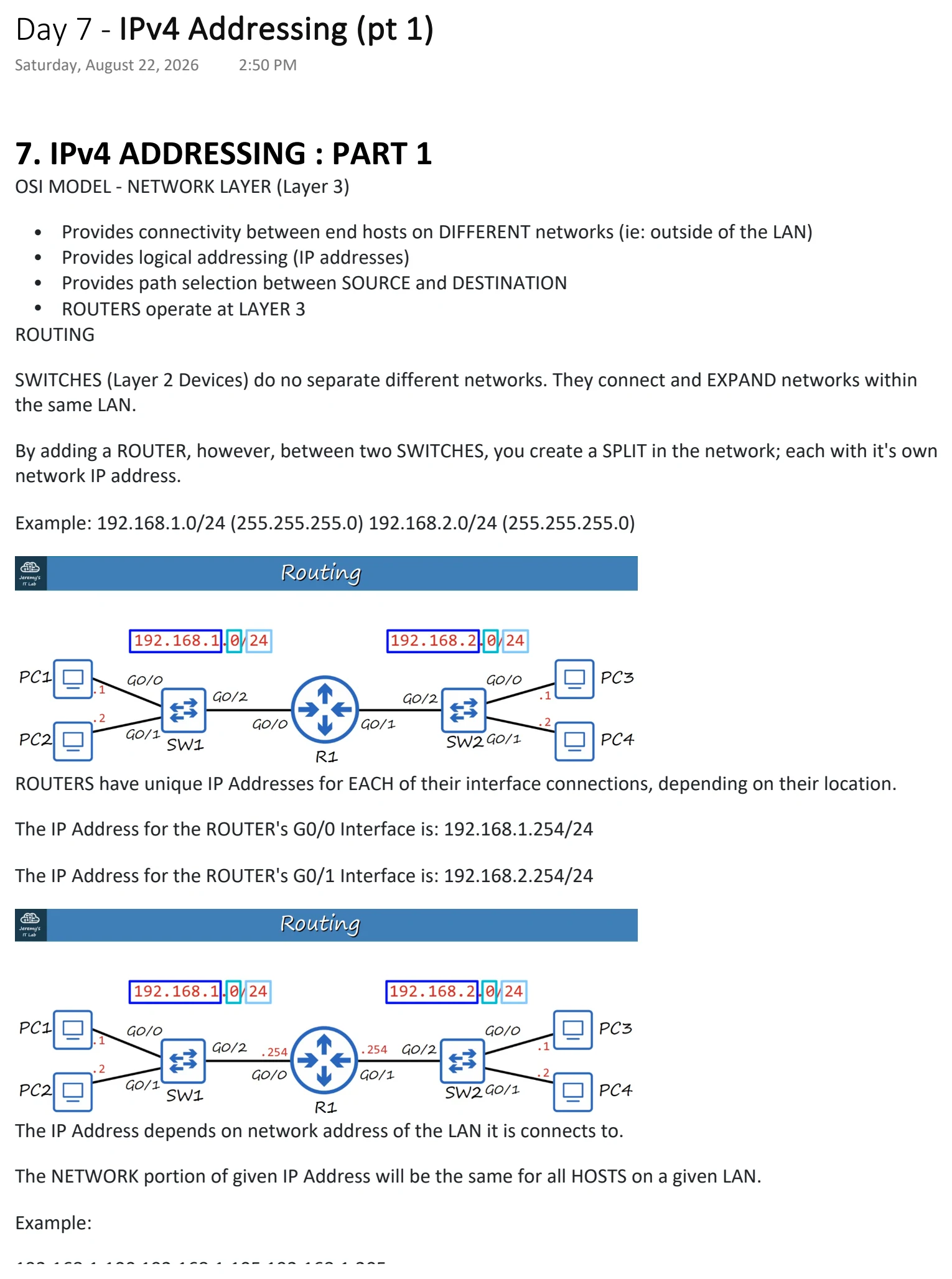 Original OneNote notes: IPv4 Addressing (pt 1), page 1. Text version follows below.