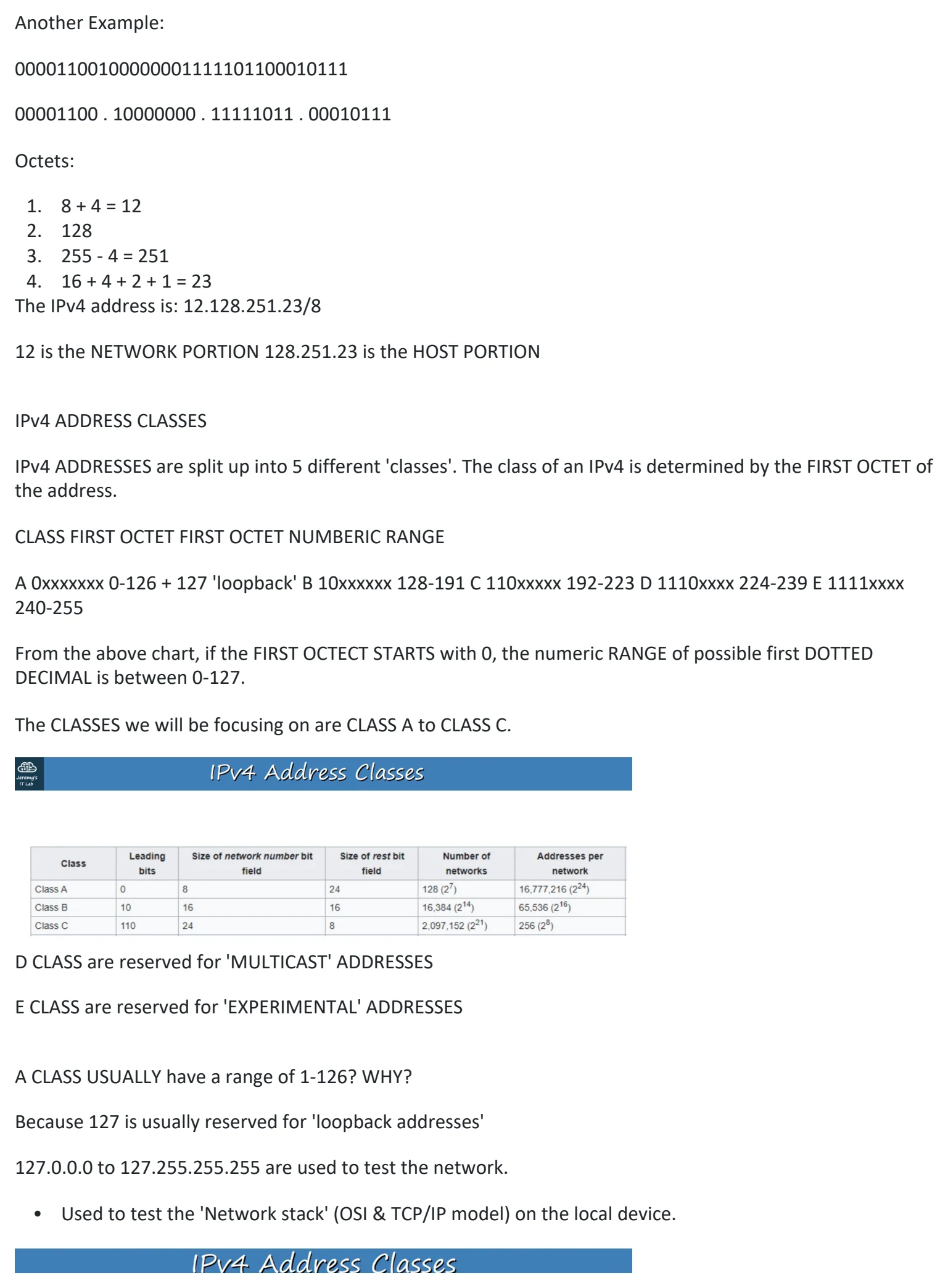 Original OneNote notes: IPv4 Addressing (pt 1), page 6. Text version follows below.