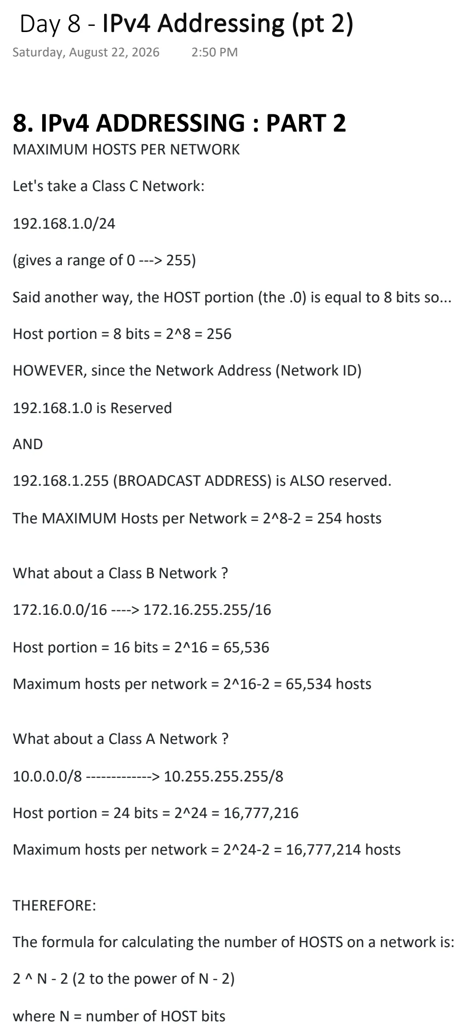Original OneNote notes: IPv4 Addressing (pt 2), page 1. Text version follows below.