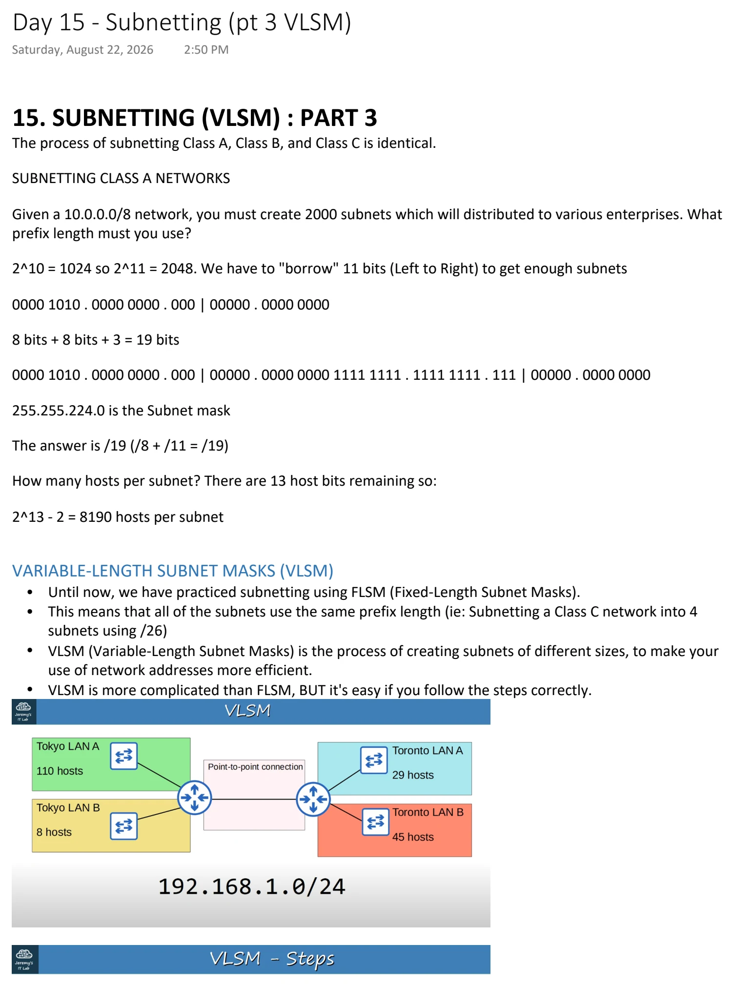 Original OneNote notes: Subnetting (pt 3 VLSM), page 1. Text version follows below.