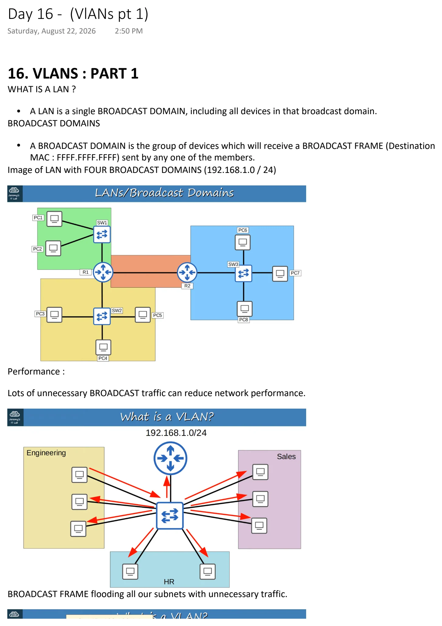 Original OneNote notes: (VlANs pt 1), page 1. Text version follows below.