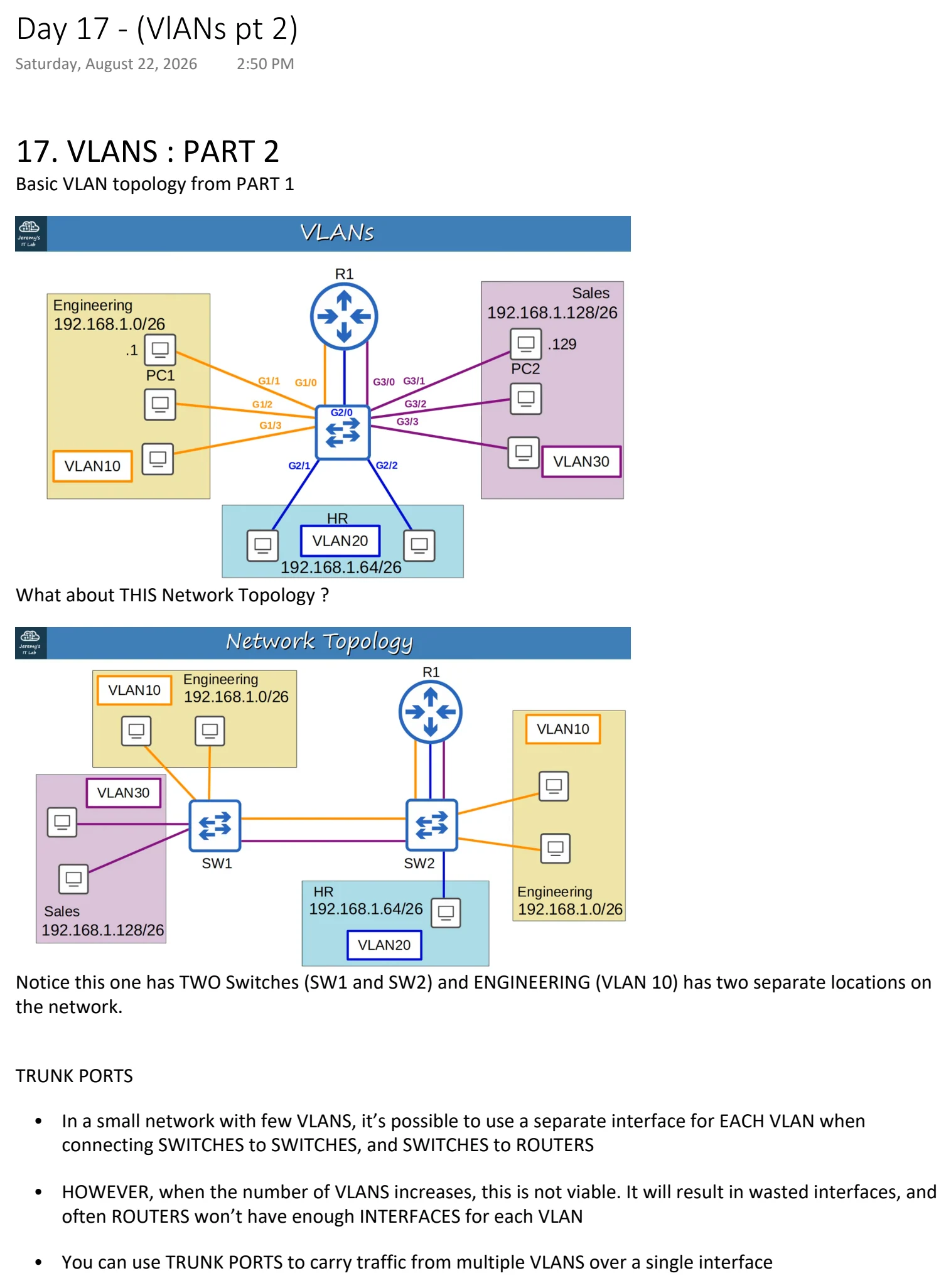 Original OneNote notes: (VlANs pt 2), page 1. Text version follows below.