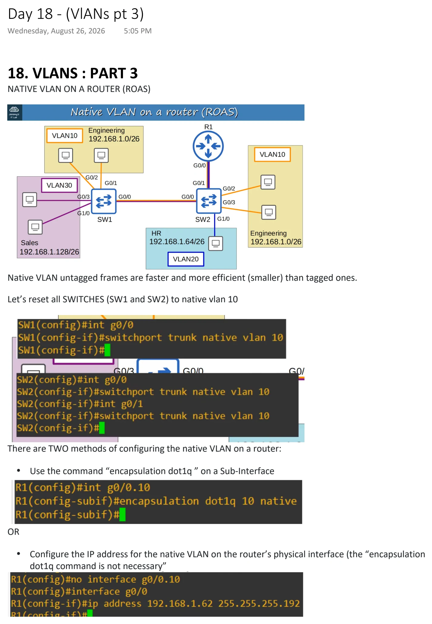 Original OneNote notes: (VlANs pt 3), page 1. Text version follows below.