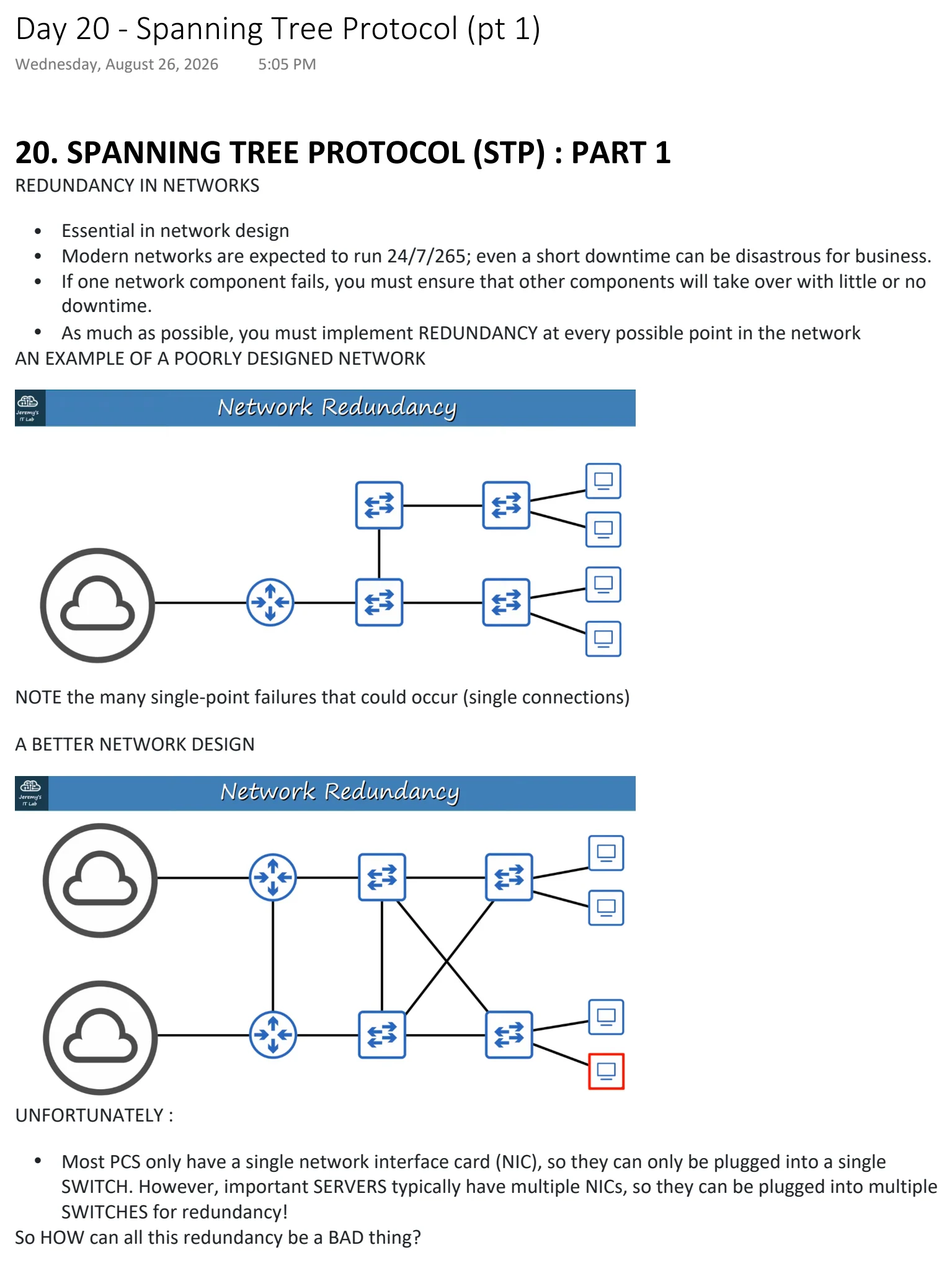 Original OneNote notes: Spanning Tree Protocol (pt 1), page 1. Text version follows below.