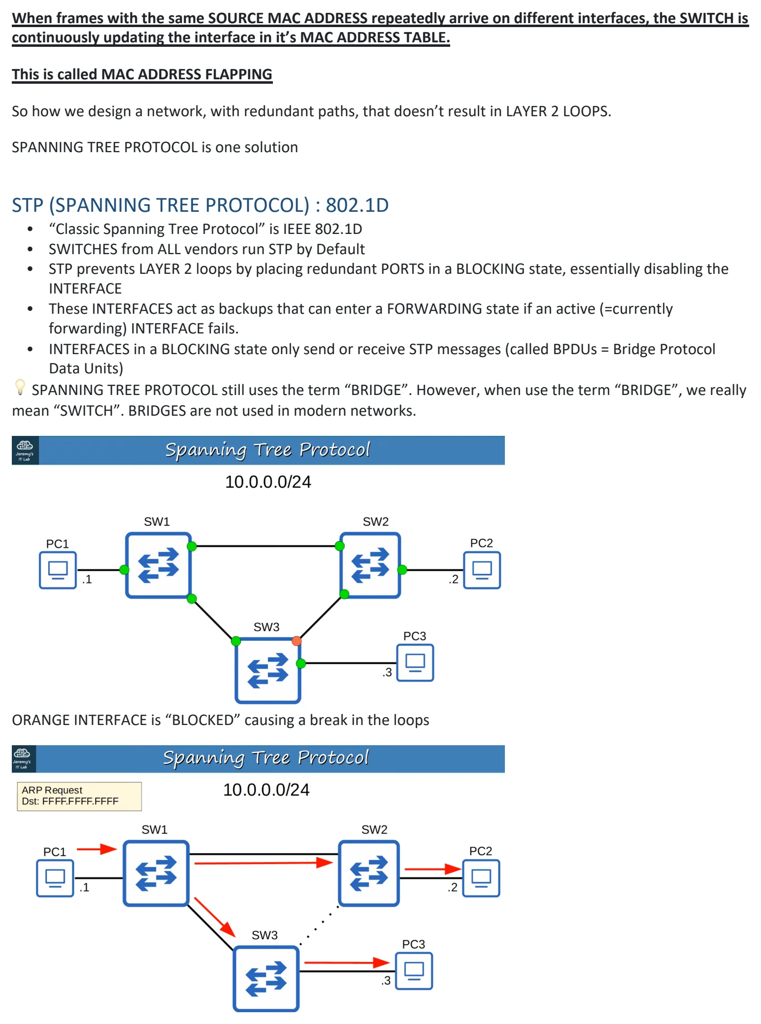 Original OneNote notes: Spanning Tree Protocol (pt 1), page 3. Text version follows below.