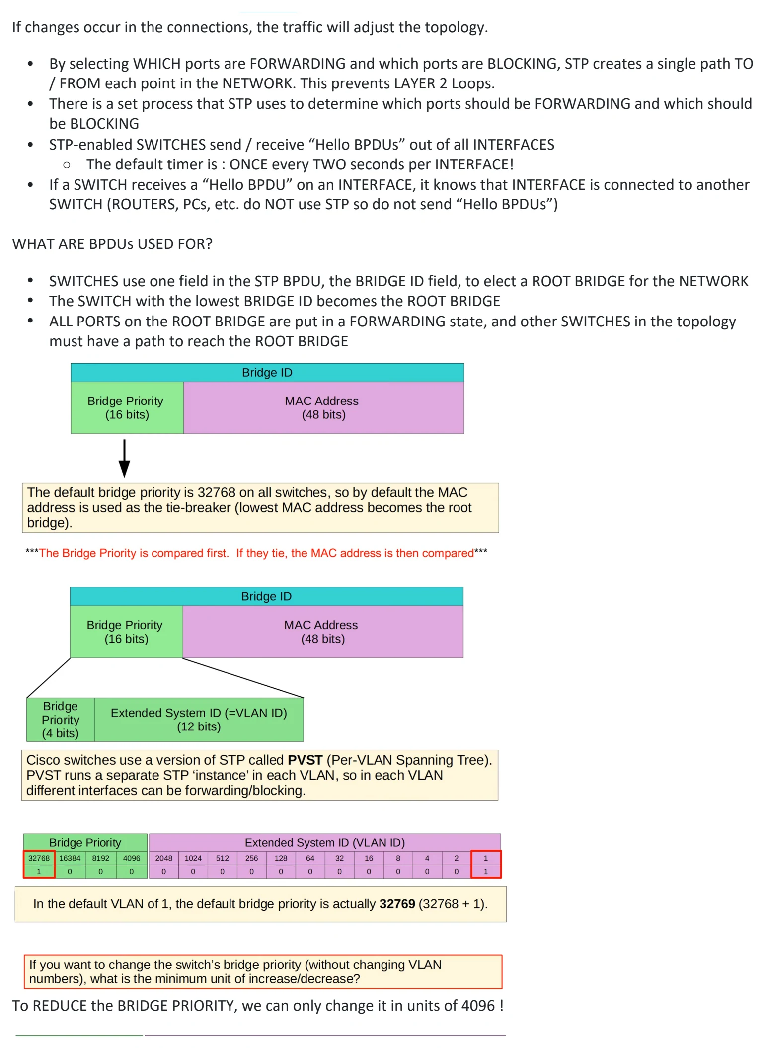 Original OneNote notes: Spanning Tree Protocol (pt 1), page 4. Text version follows below.