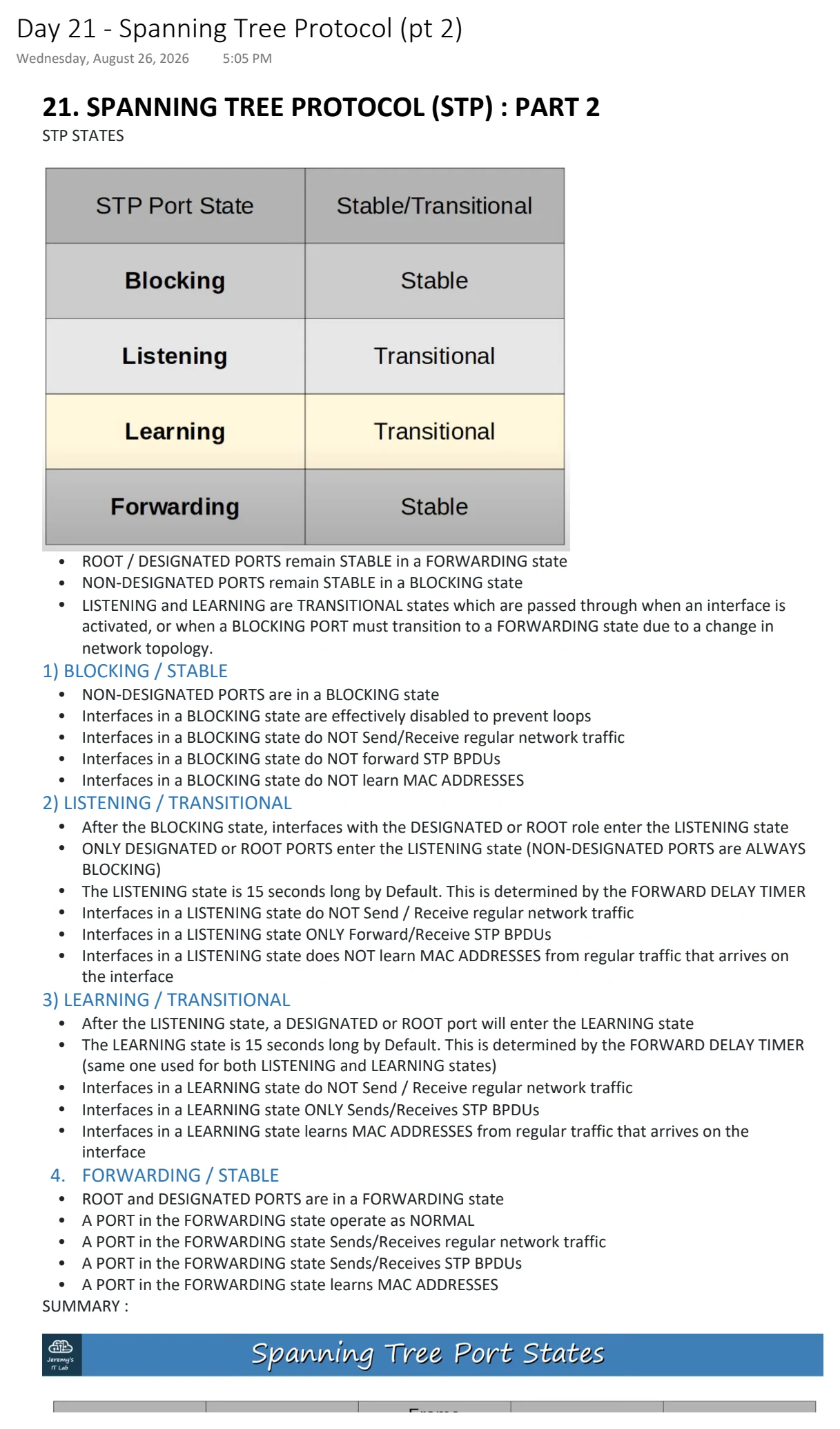 Original OneNote notes: Spanning Tree Protocol (pt 2), page 1. Text version follows below.