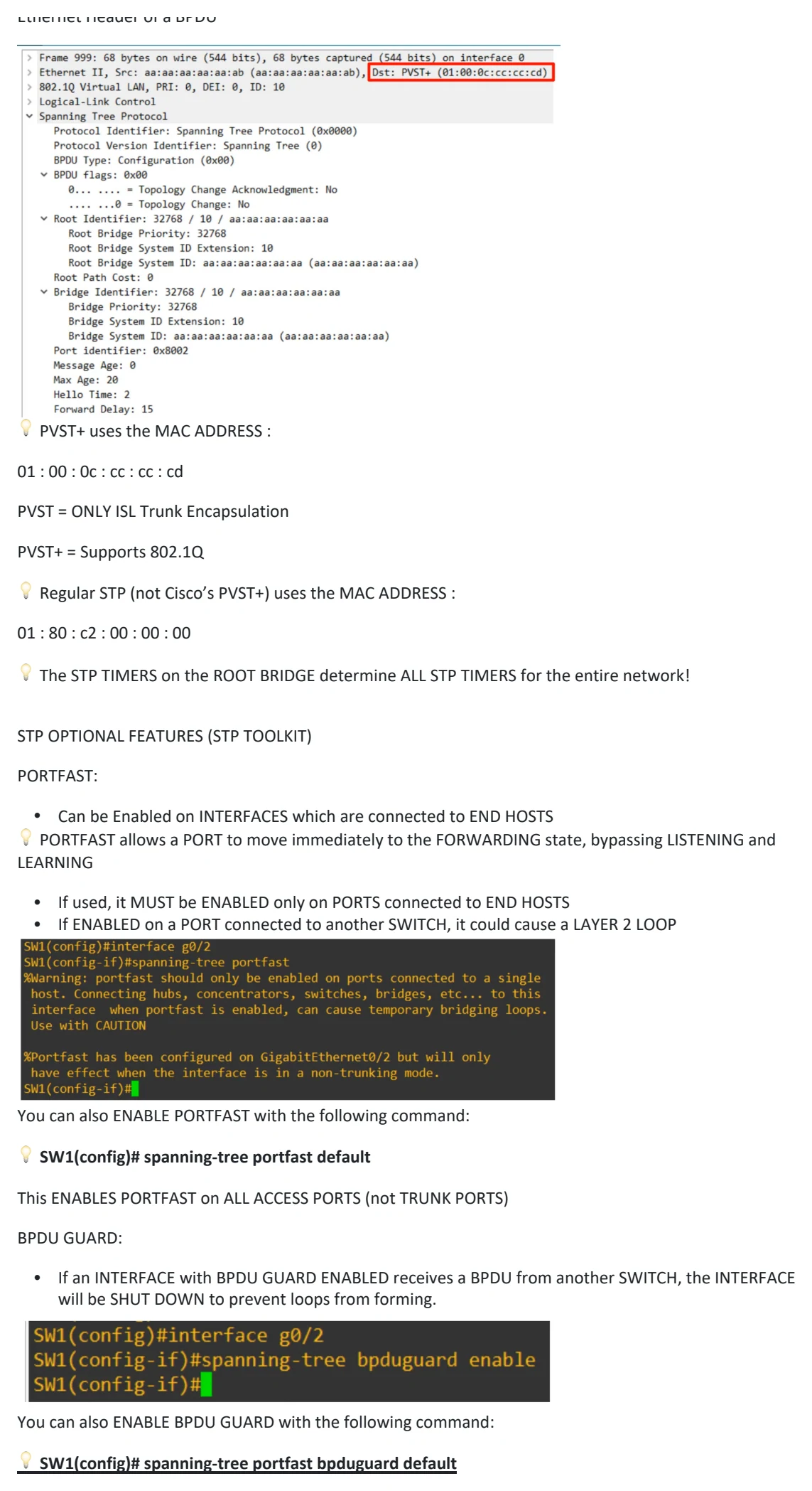 Original OneNote notes: Spanning Tree Protocol (pt 2), page 3. Text version follows below.