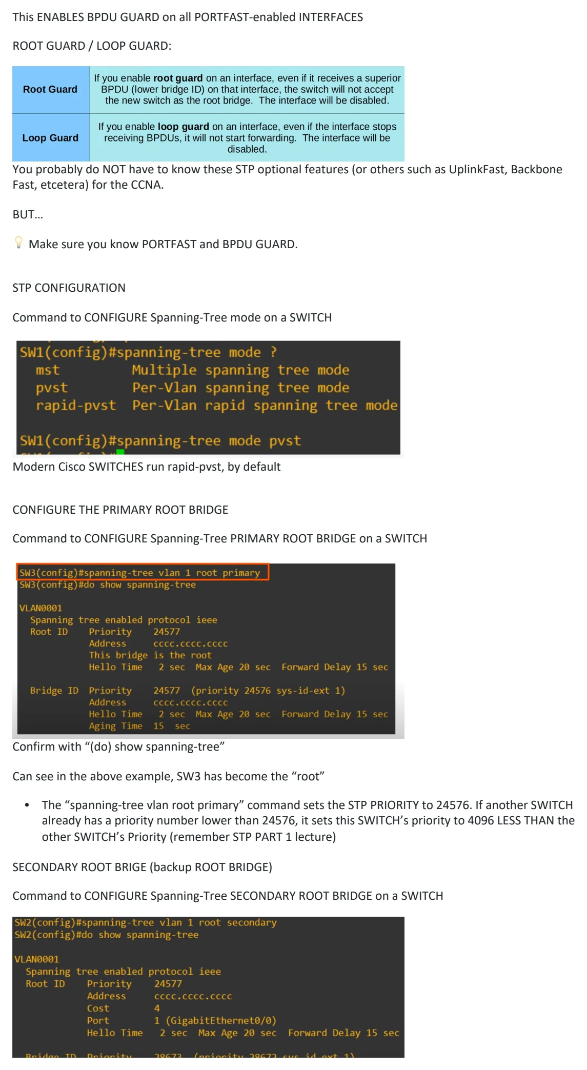 Original OneNote notes: Spanning Tree Protocol (pt 2), page 4. Text version follows below.