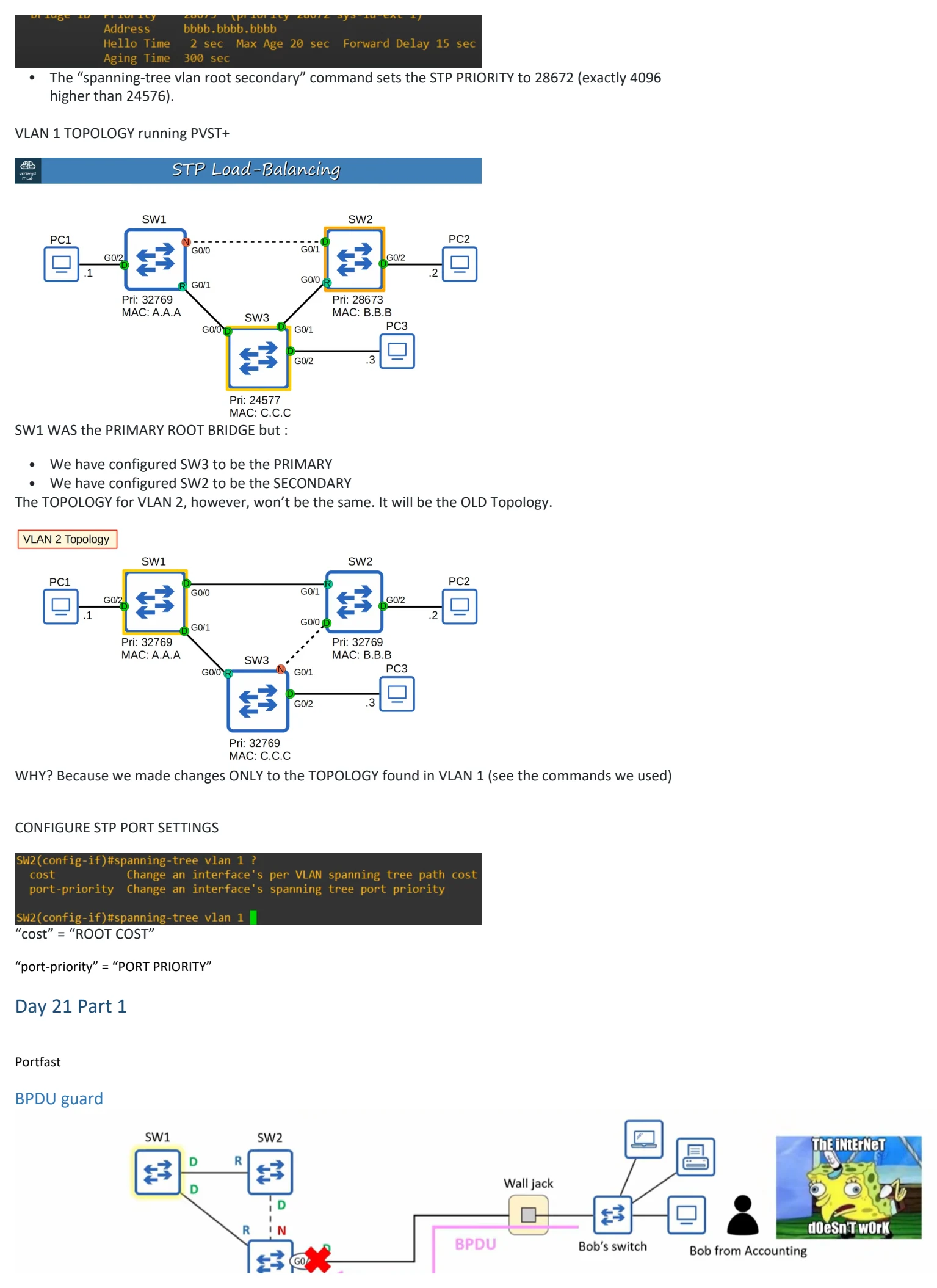 Original OneNote notes: Spanning Tree Protocol (pt 2), page 5. Text version follows below.