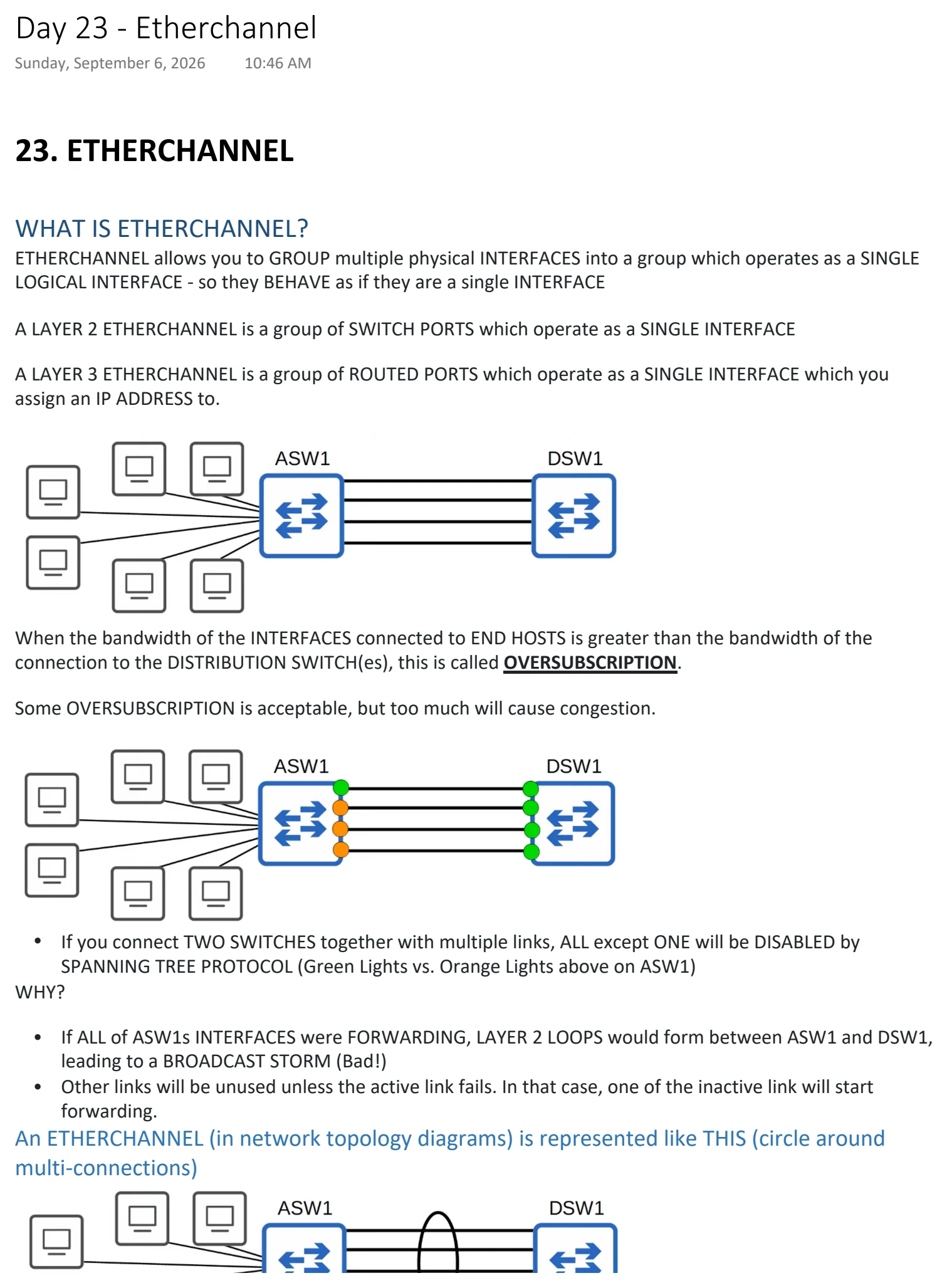 Original OneNote notes: Etherchannel, page 1. Text version follows below.
