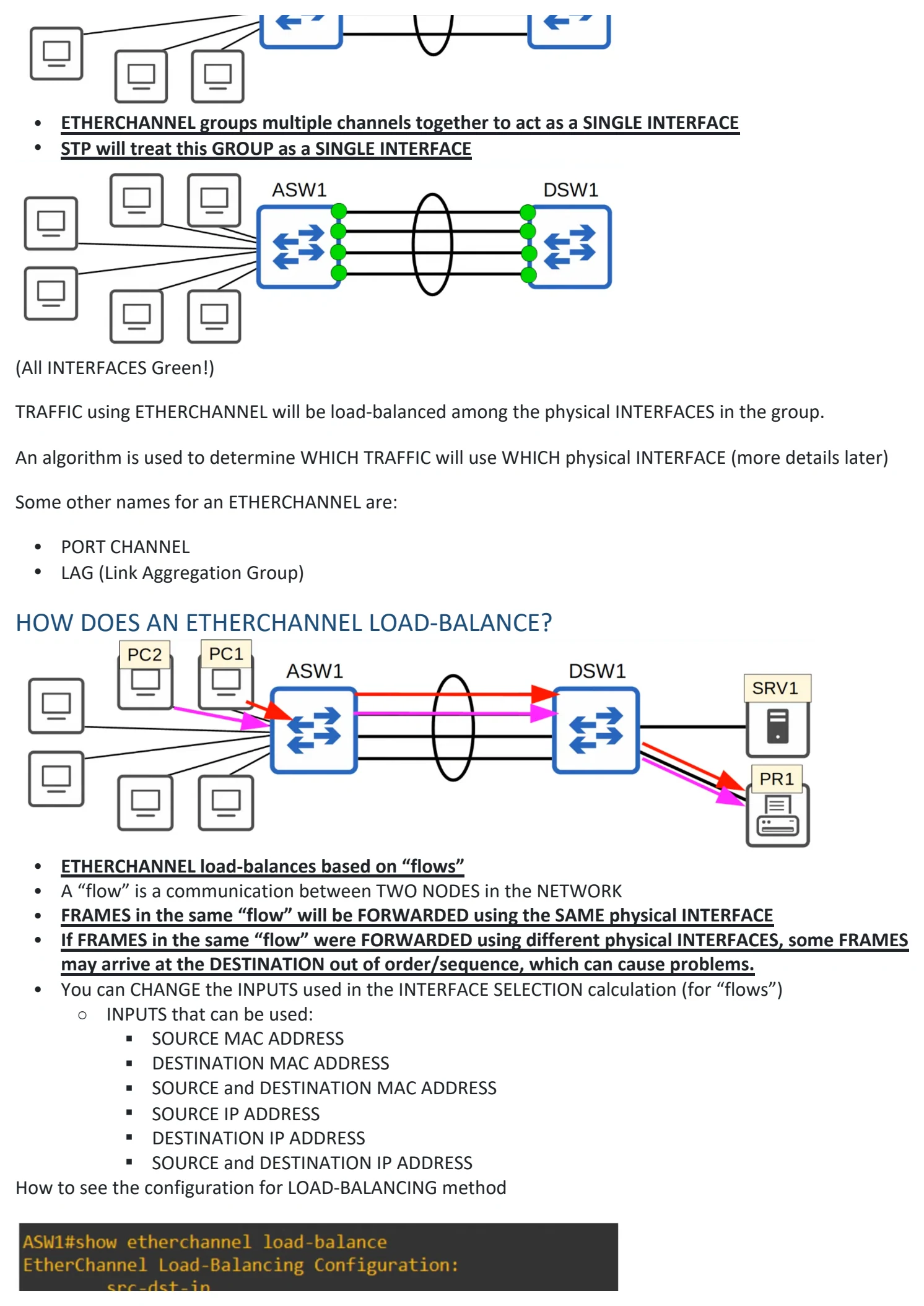 Original OneNote notes: Etherchannel, page 2. Text version follows below.