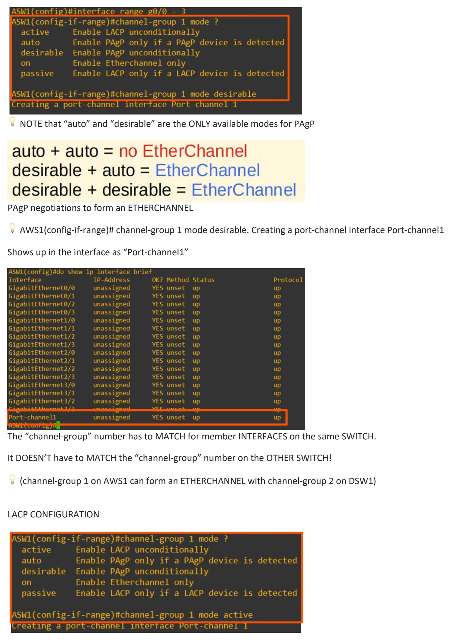 Original OneNote notes: Etherchannel, page 4. Text version follows below.