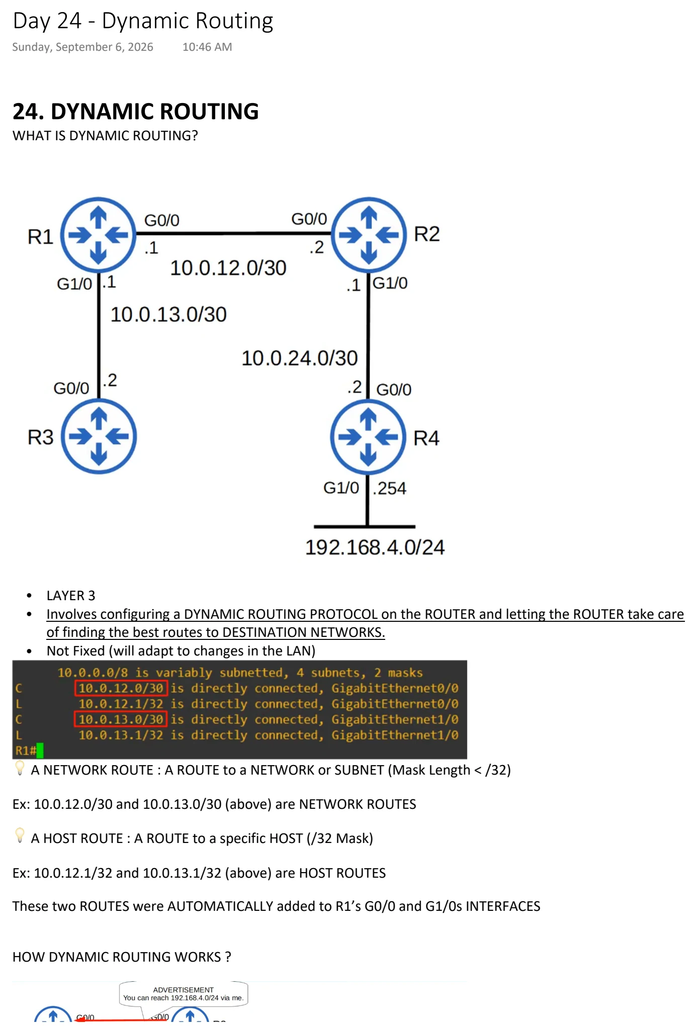 Original OneNote notes: Dynamic Routing, page 1. Text version follows below.