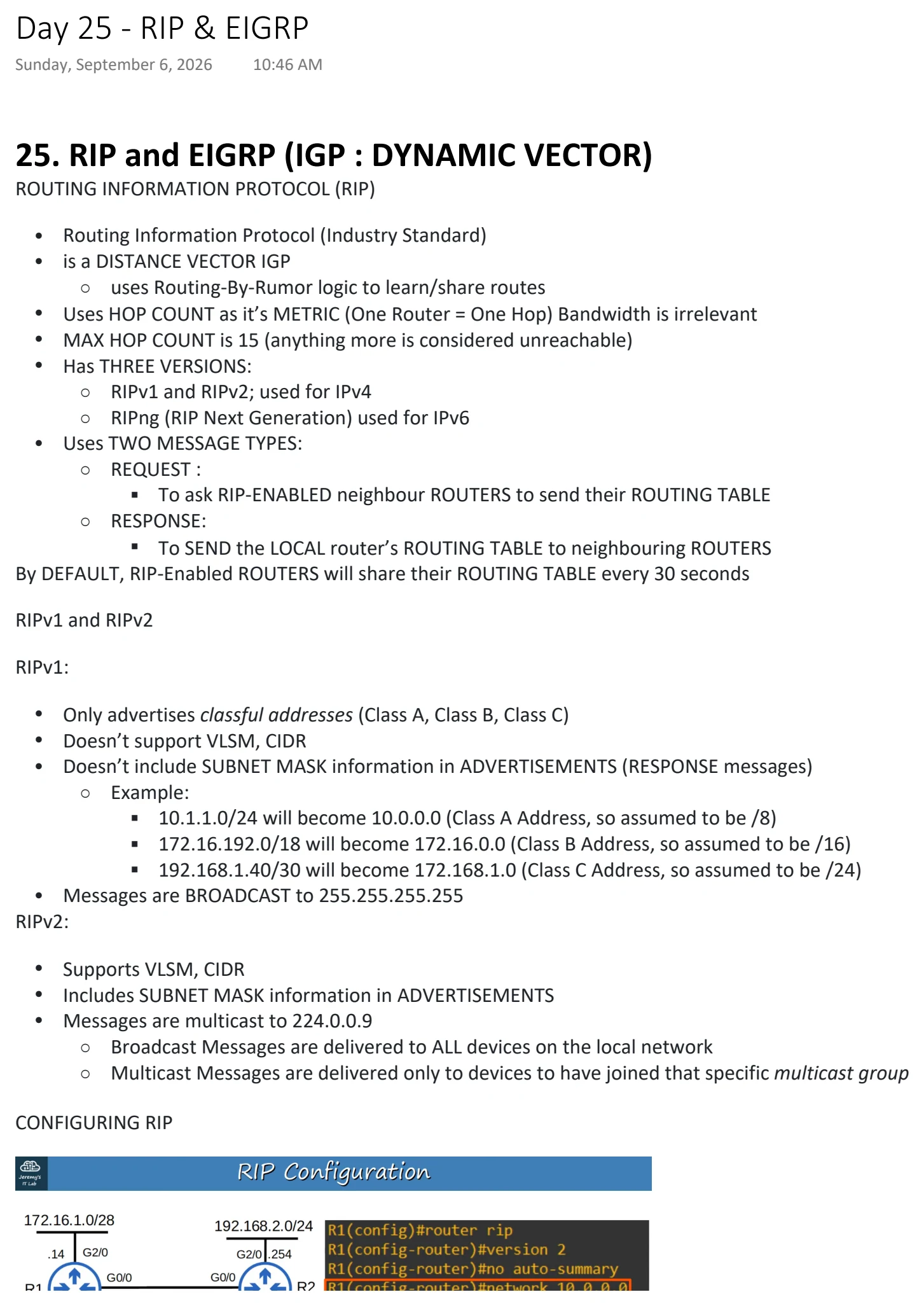 Original OneNote notes: RIP & EIGRP, page 1. Text version follows below.