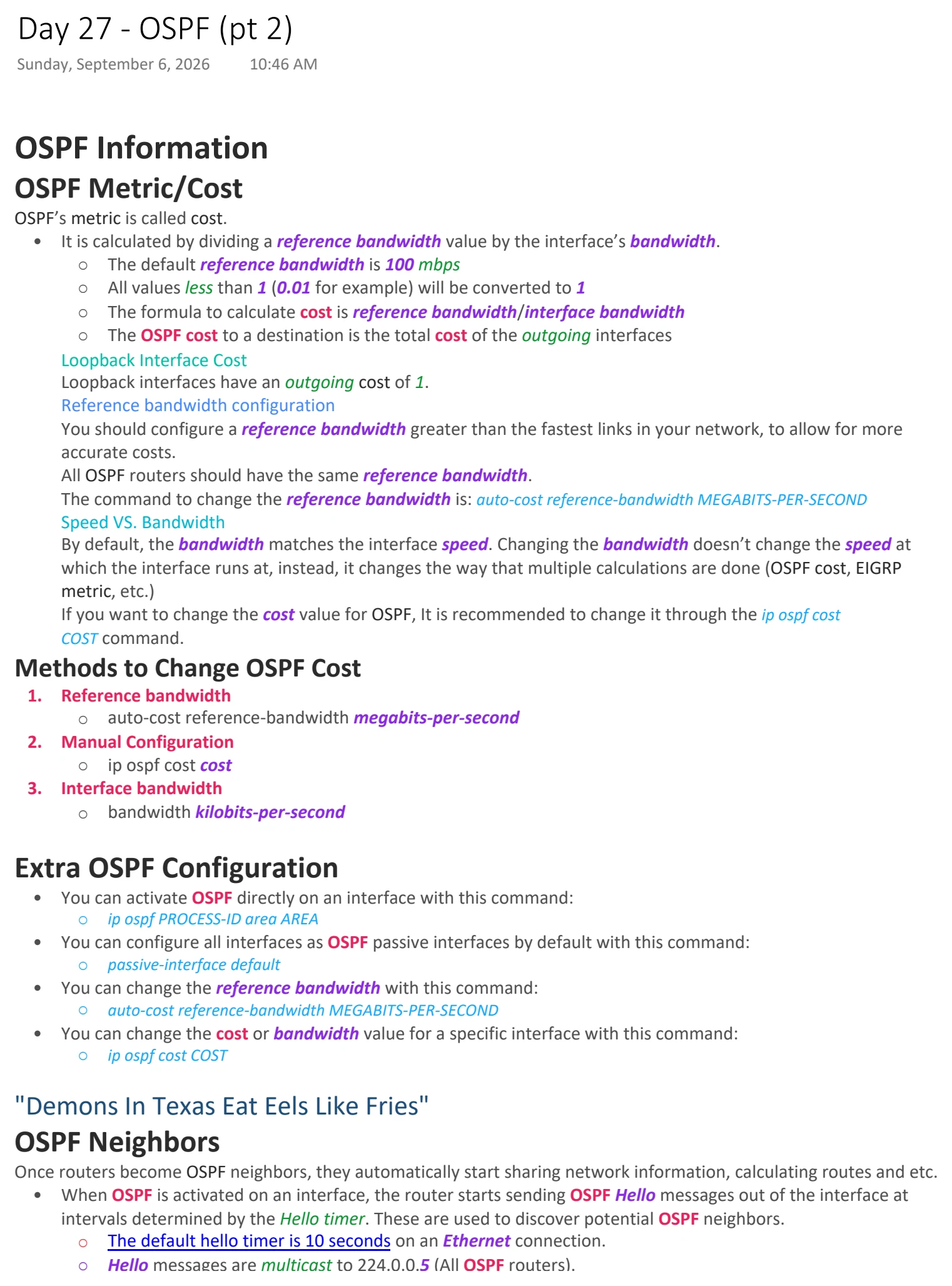 Original OneNote notes: OSPF (pt 2), page 1. Text version follows below.