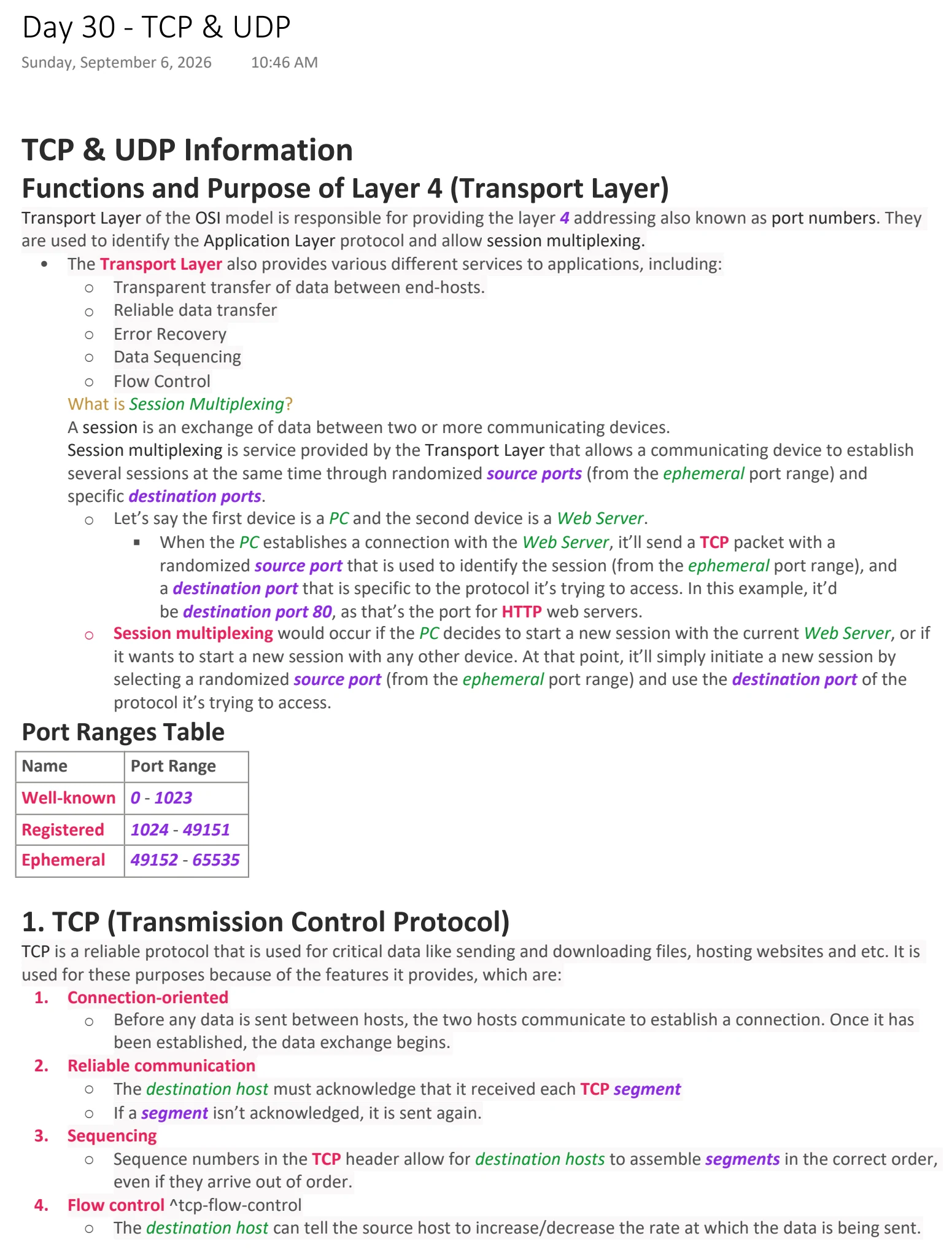Original OneNote notes: TCP & UDP, page 1. Text version follows below.