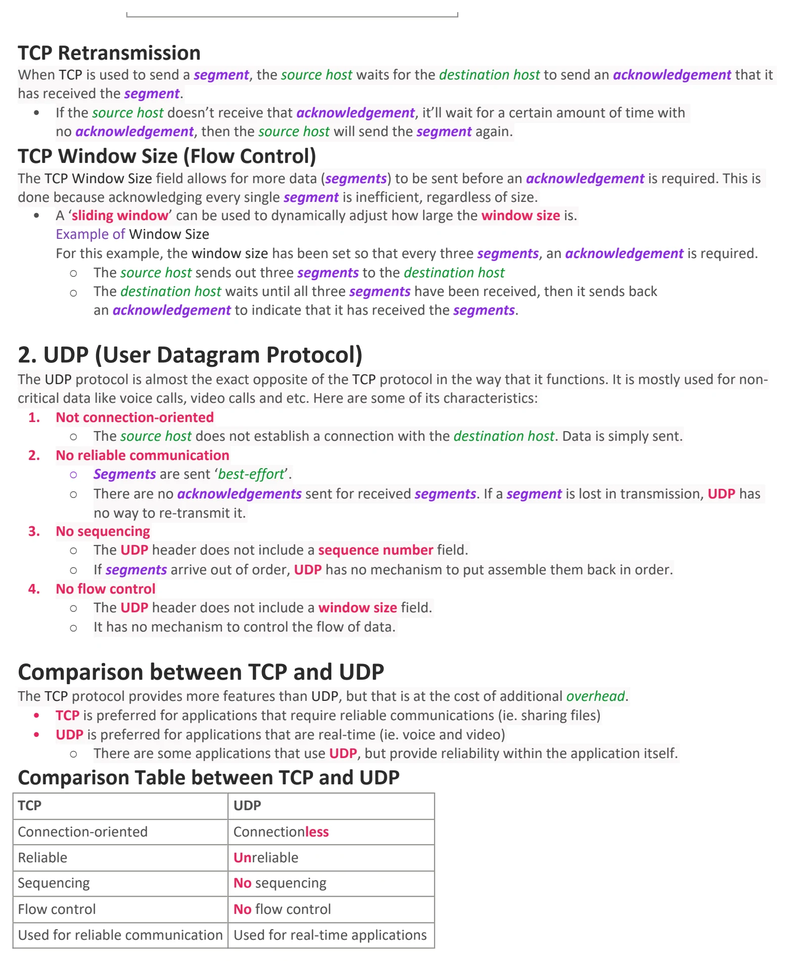 Original OneNote notes: TCP & UDP, page 3. Text version follows below.