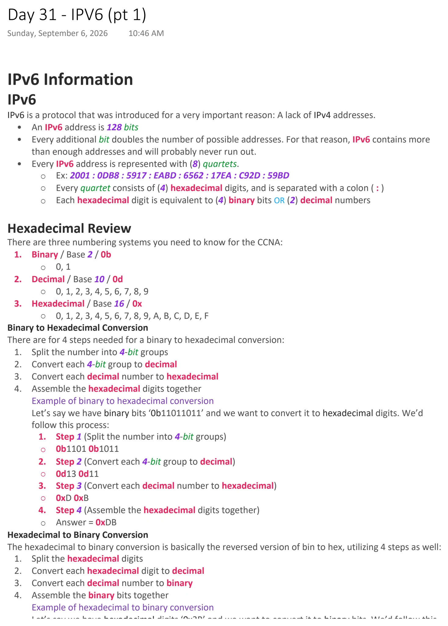 Original OneNote notes: IPV6 (pt 1), page 1. Text version follows below.