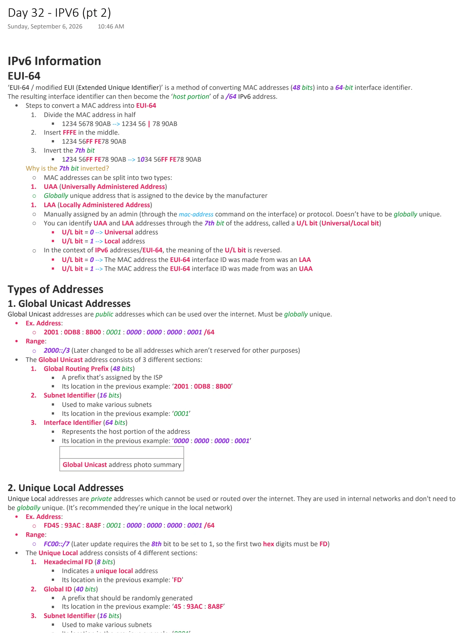 Original OneNote notes: IPV6 (pt 2), page 1. Text version follows below.