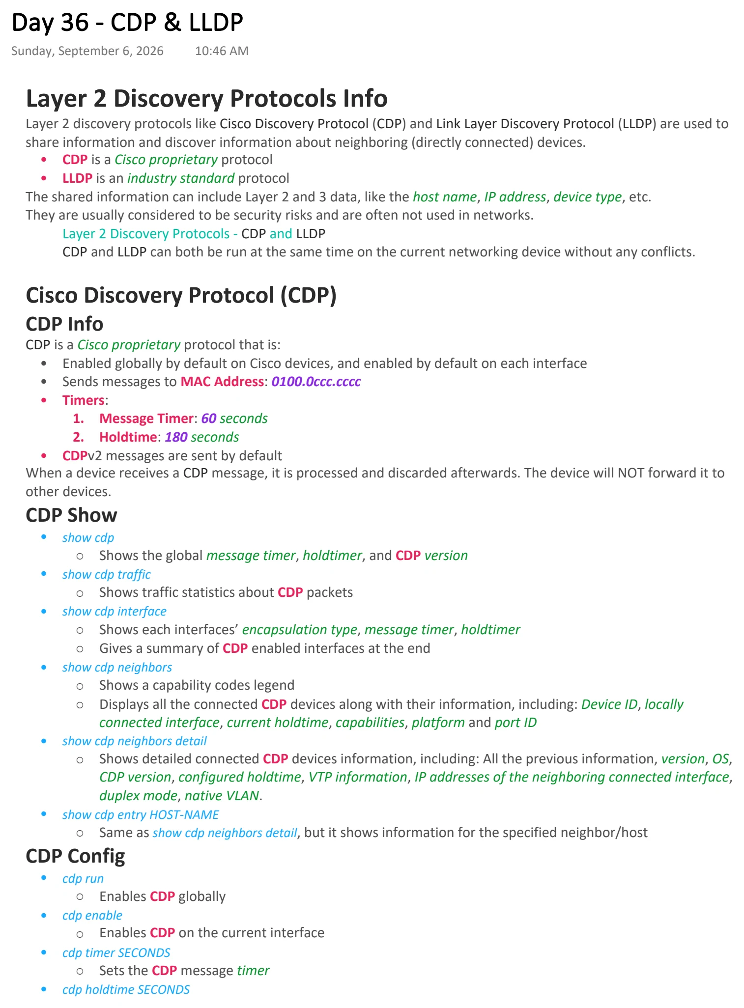 Original OneNote notes: CDP & LLDP, page 1. Text version follows below.