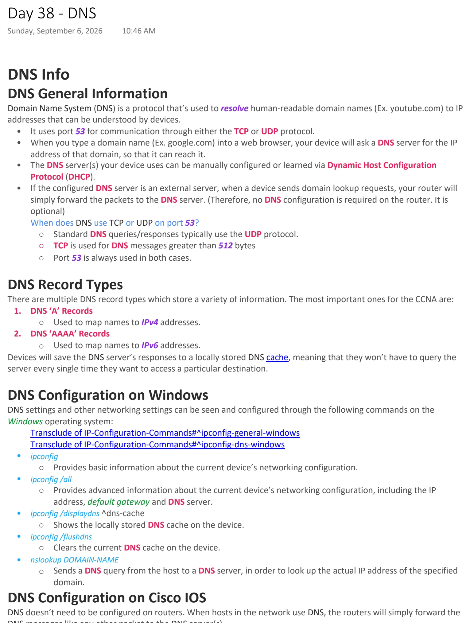 Original OneNote notes: DNS, page 1. Text version follows below.