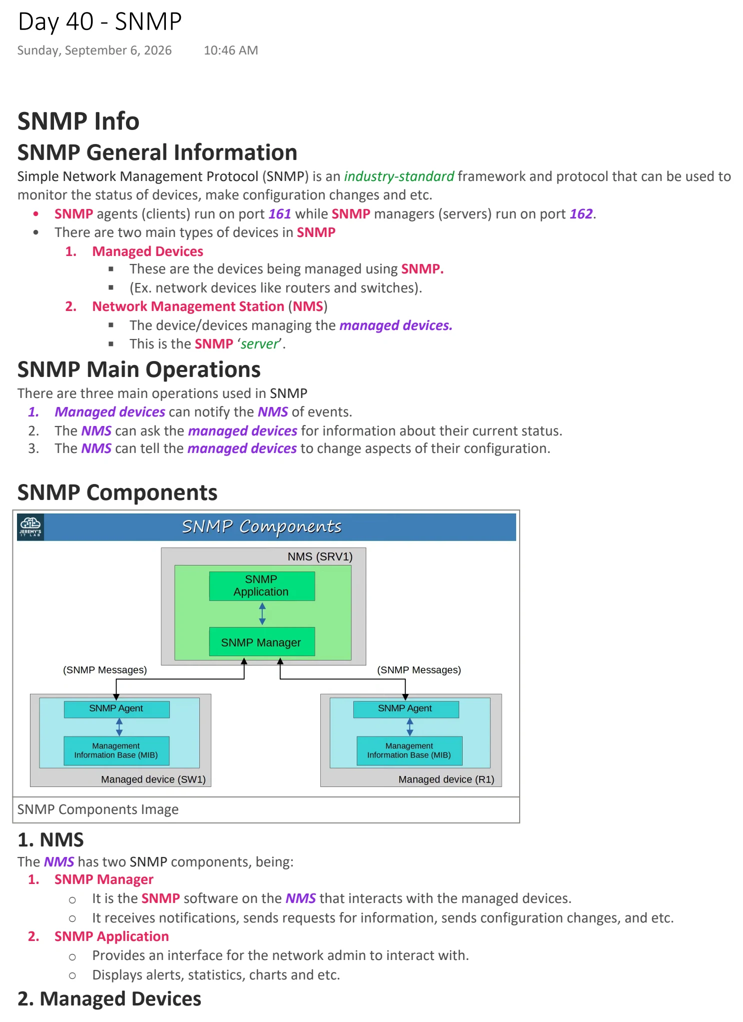 Original OneNote notes: SNMP, page 1. Text version follows below.
