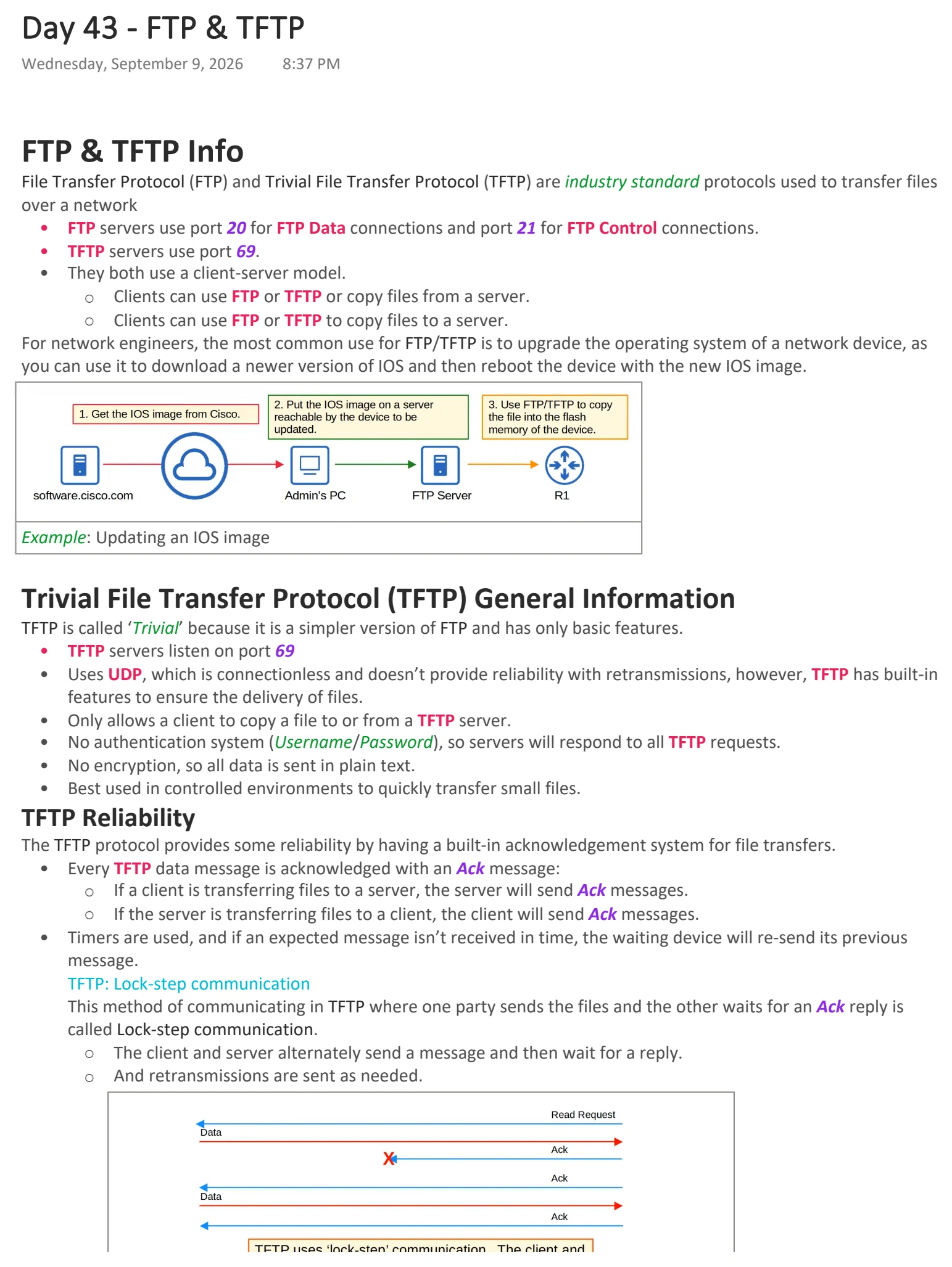 Original OneNote notes: FTP & TFTP, page 1. Text version follows below.