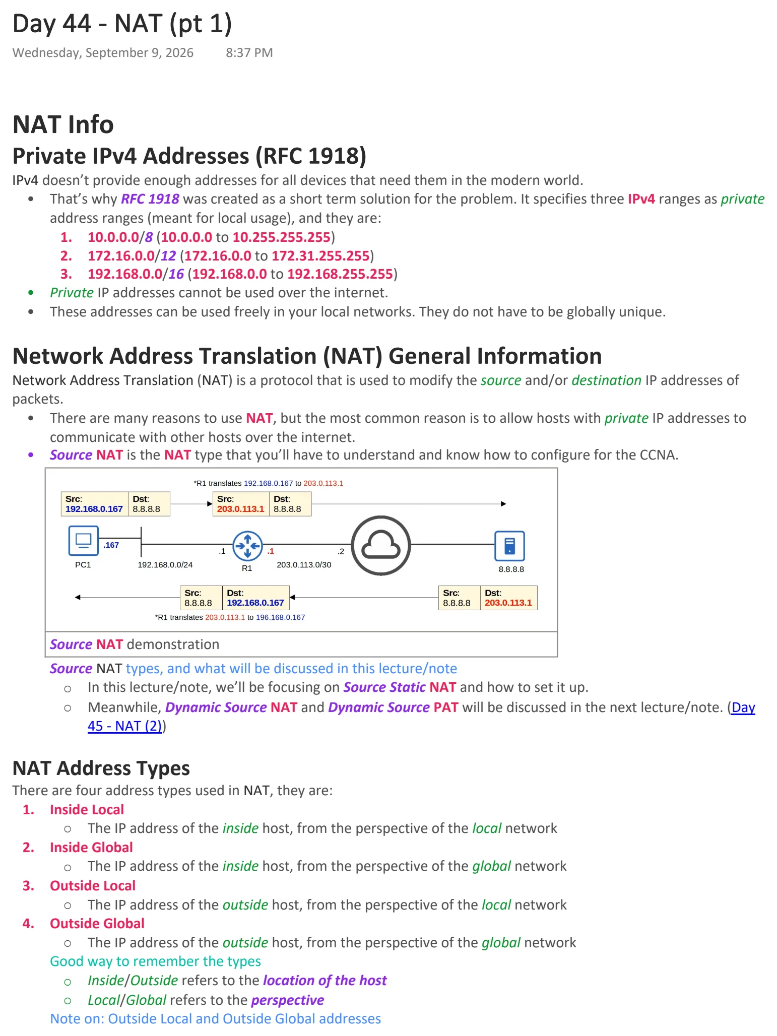 Original OneNote notes: NAT (pt 1), page 1. Text version follows below.