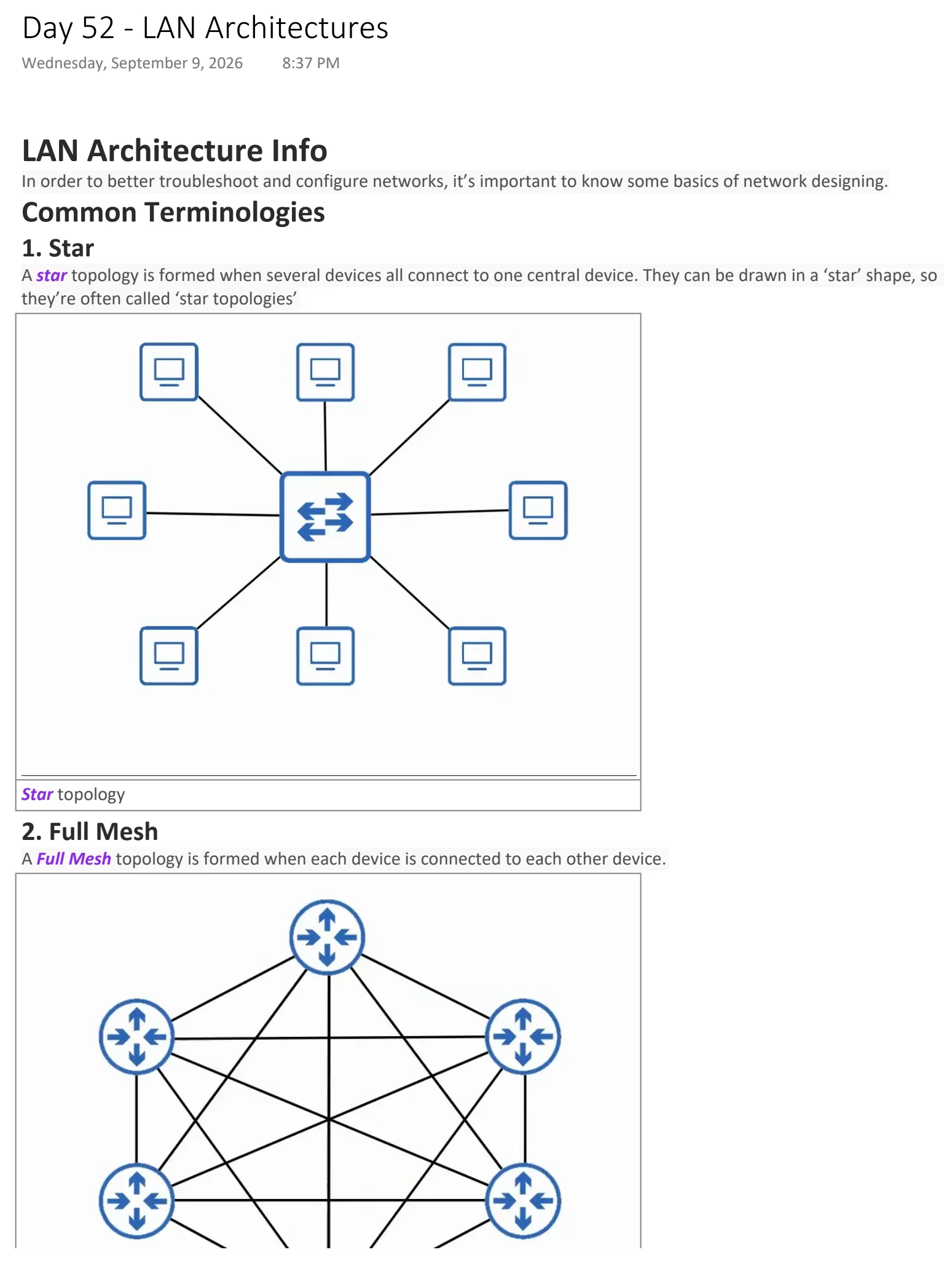 Original OneNote notes: LAN Architectures, page 1. Text version follows below.
