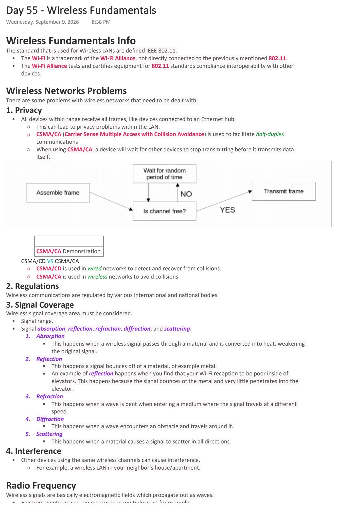 Original OneNote notes: Wireless Fundamentals, page 1. Text version follows below.