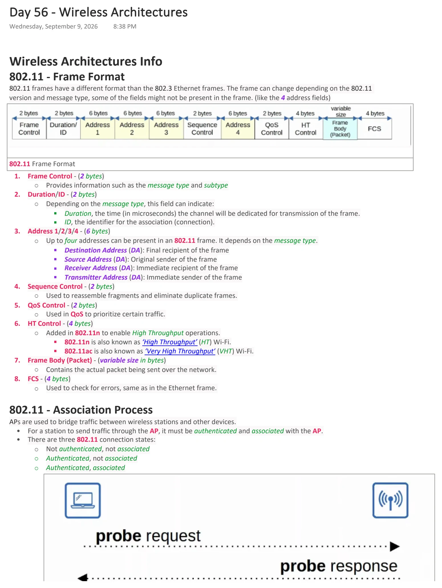 Original OneNote notes: Wireless Architectures, page 1. Text version follows below.