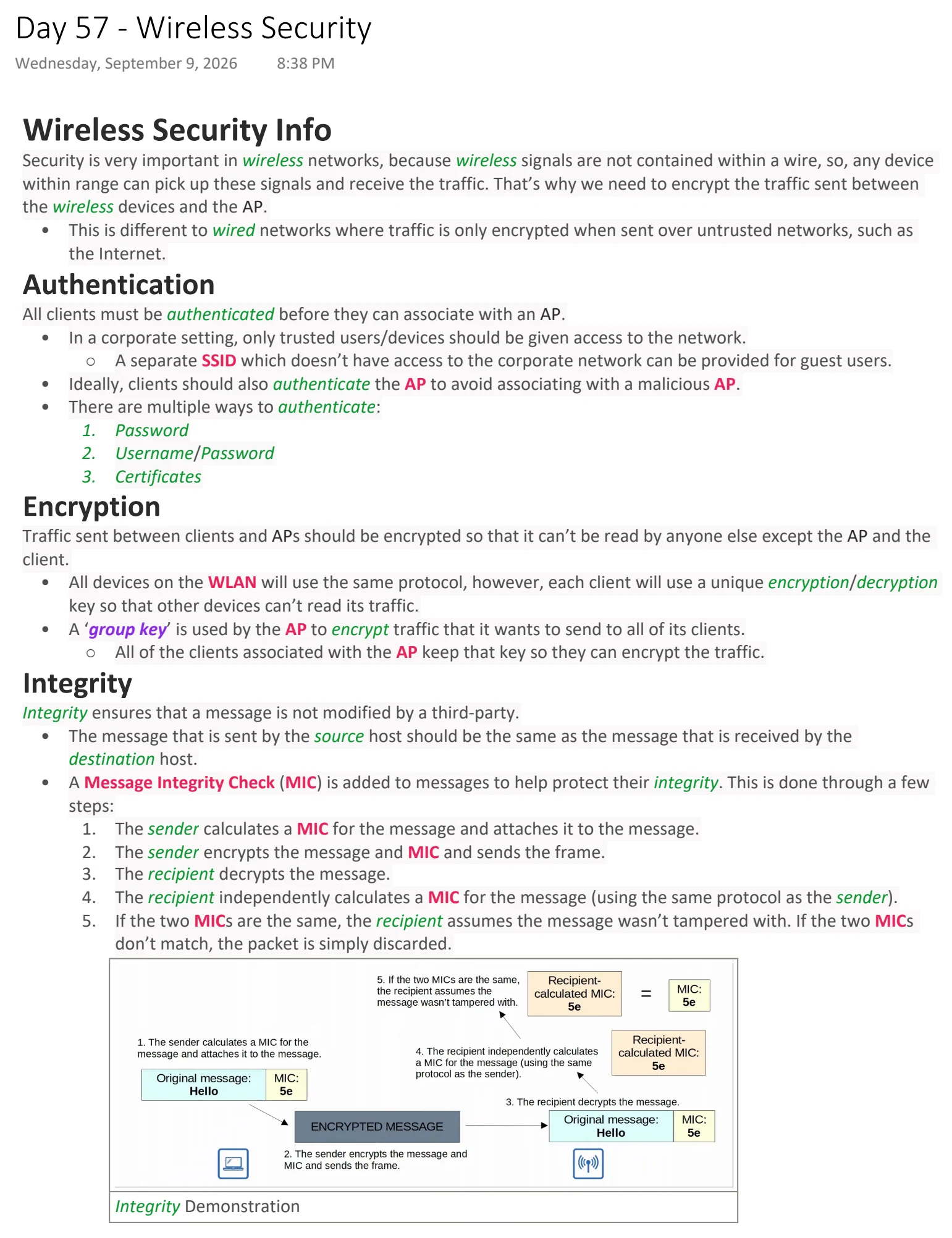 Original OneNote notes: Wireless Security, page 1. Text version follows below.