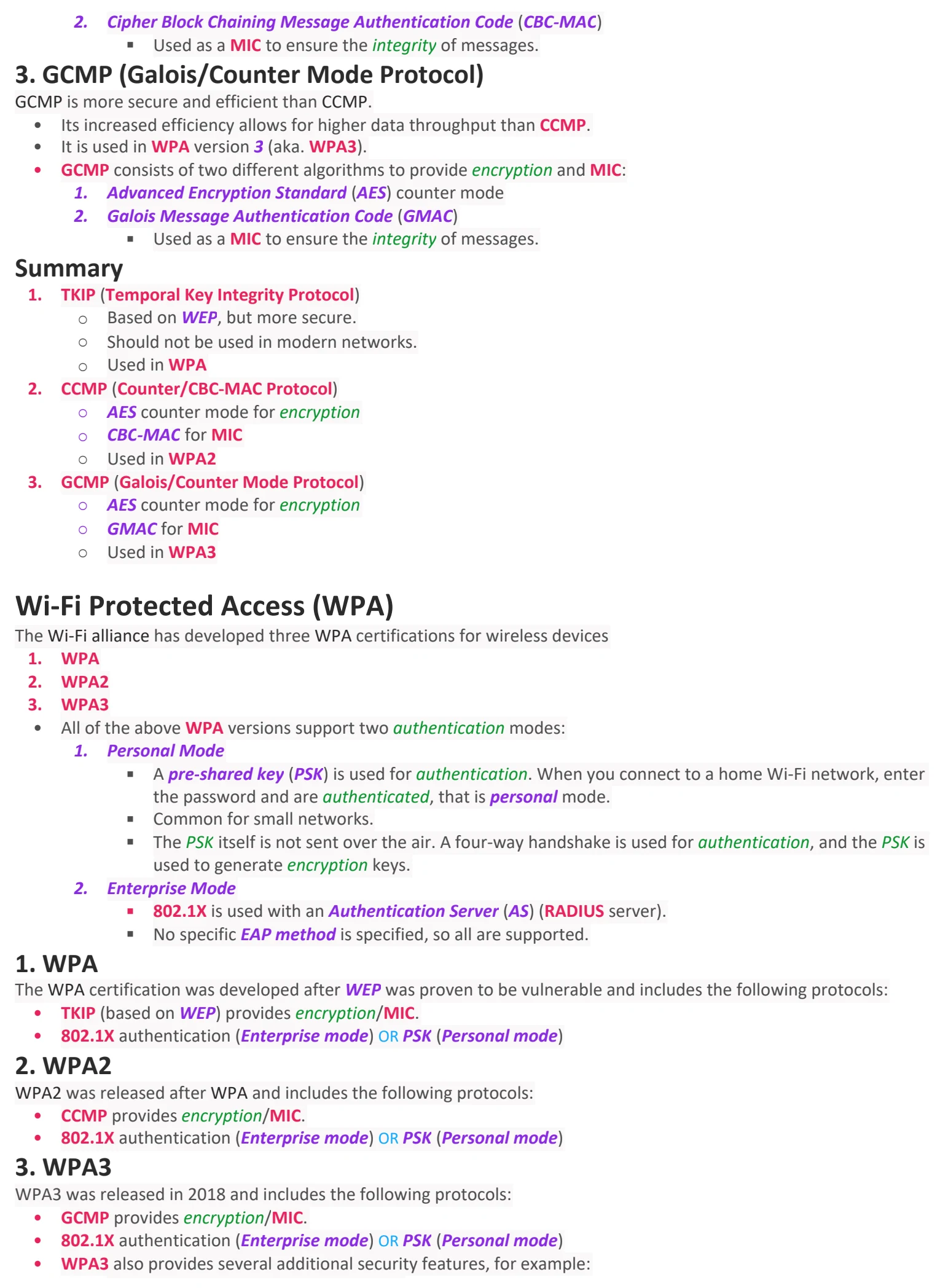 Original OneNote notes: Wireless Security, page 5. Text version follows below.