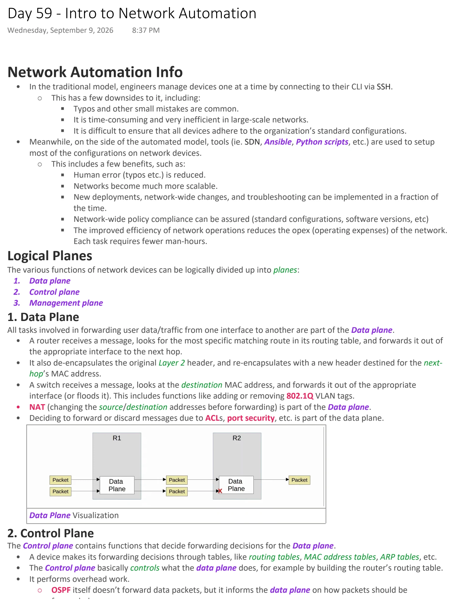 Original OneNote notes: Intro to Network Automation, page 1. Text version follows below.