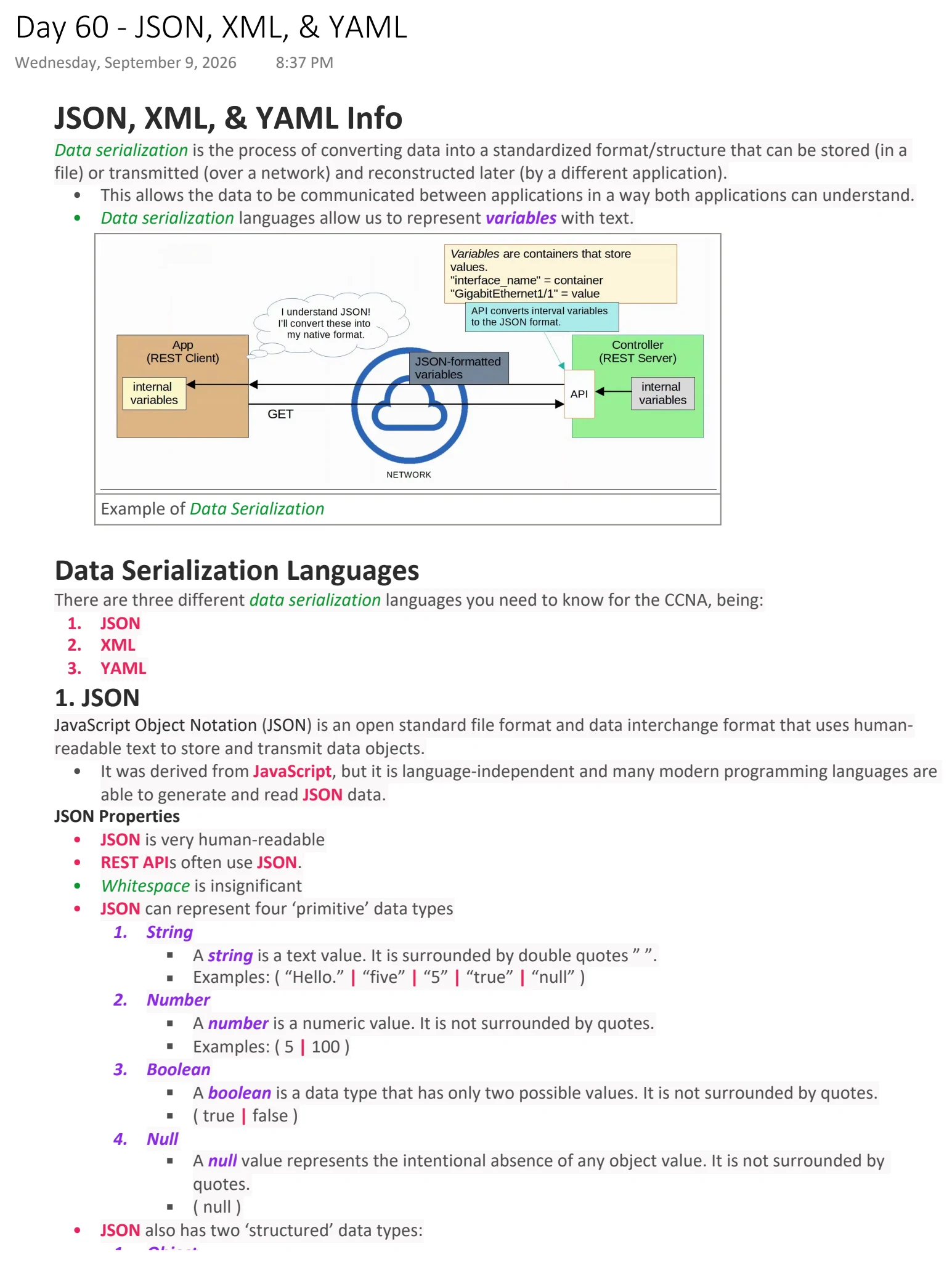 Original OneNote notes: JSON, XML, & YAML, page 1. Text version follows below.