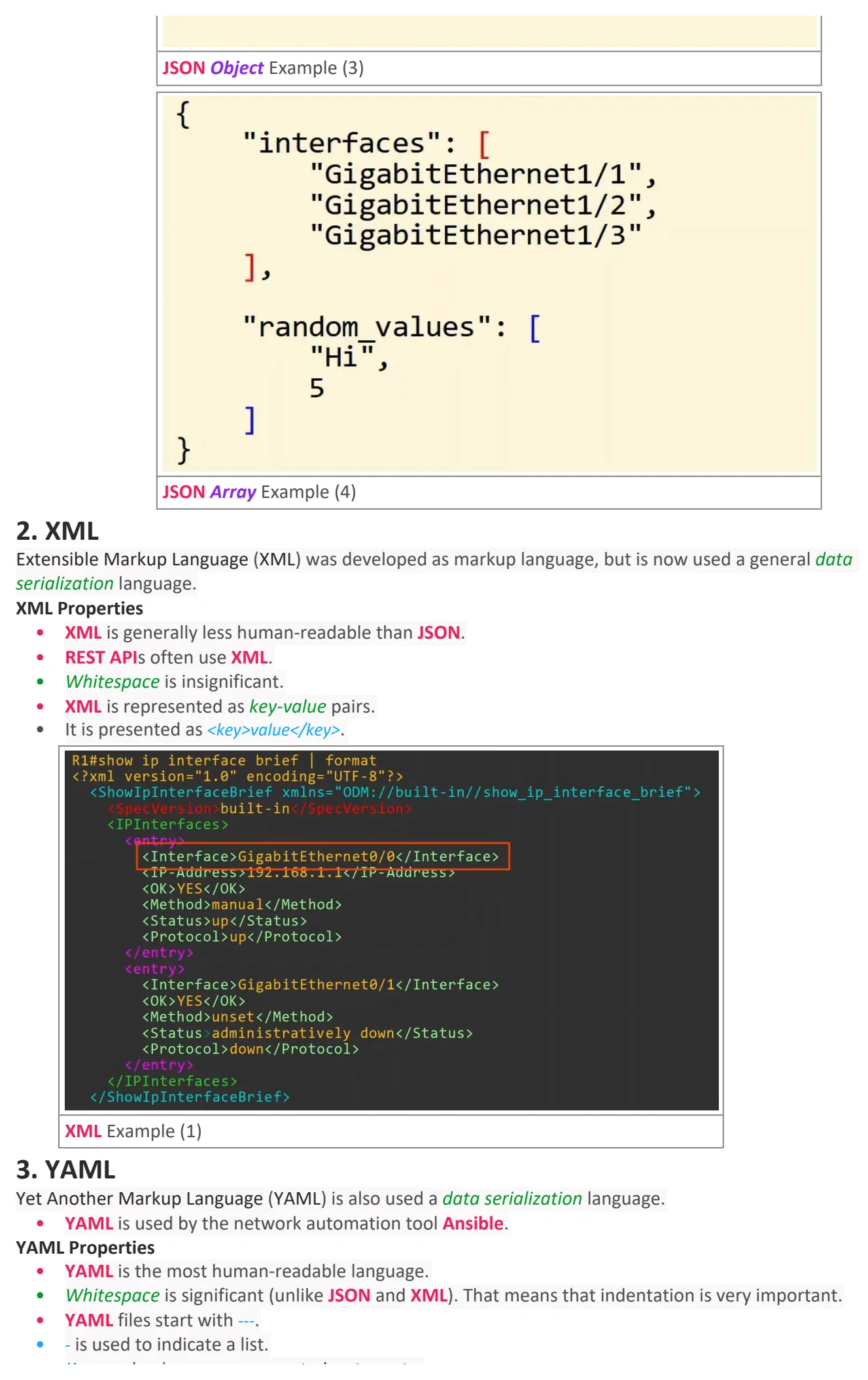 Original OneNote notes: JSON, XML, & YAML, page 3. Text version follows below.