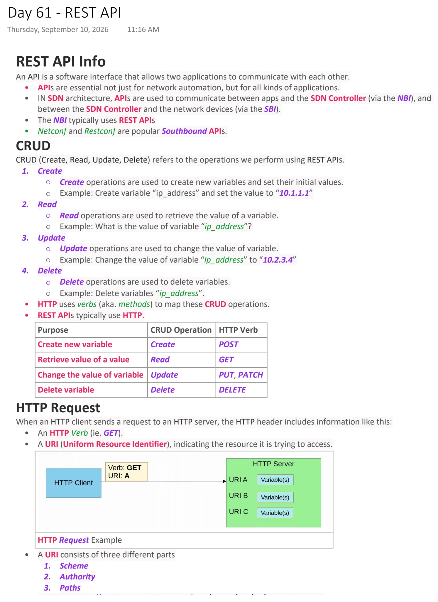 Original OneNote notes: REST API, page 1. Text version follows below.