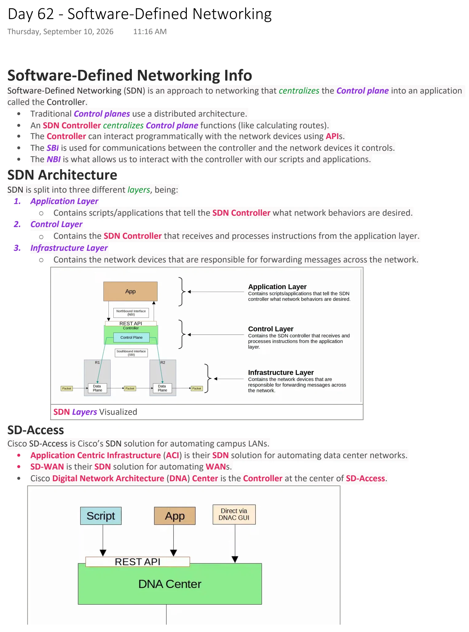 Original OneNote notes: Software-Defined Networking, page 1. Text version follows below.